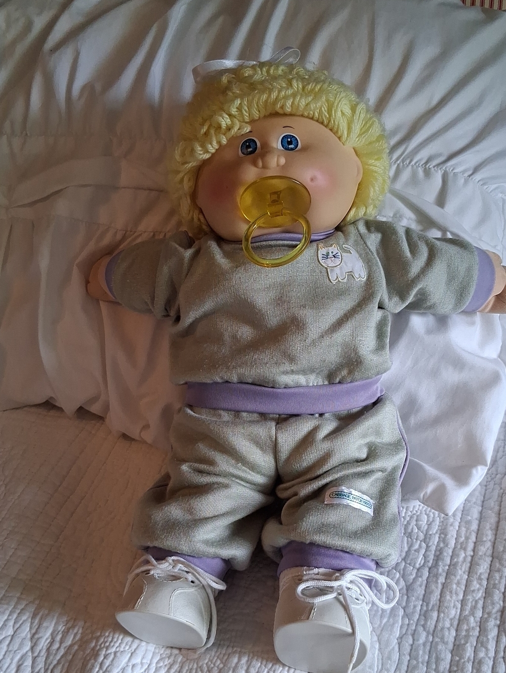 1984 Cabbage Patch ,Blonde Hair Plush Baby Doll with Pacifier - Cream & Lavender